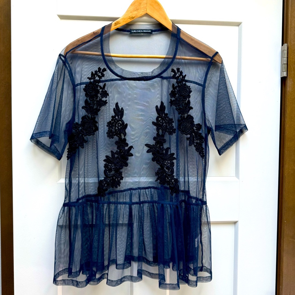 NWOT Anthropologie Deep Blue Layering Top with Floral Appliqué size medium